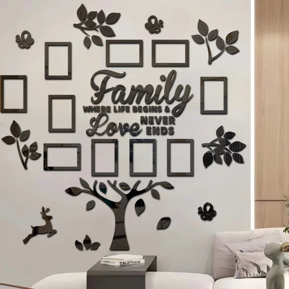A wall collage featuring a family tree design made of dark wood-toned stickers on a white wall.