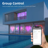 A hand holds a smartphone displaying an app interface for group control of RGB LED curtain lights with music sync.