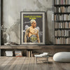 A framed poster of Charles Oliveira in a UFC fight pose displayed on a wooden shelf.