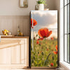 A modern refrigerator featuring a floral design decal of an orange-red tulip against a blurred outdoor background.
