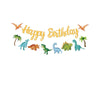 A colorful decoration kit featuring a dinosaur banner and standing balloons for a birthday party.