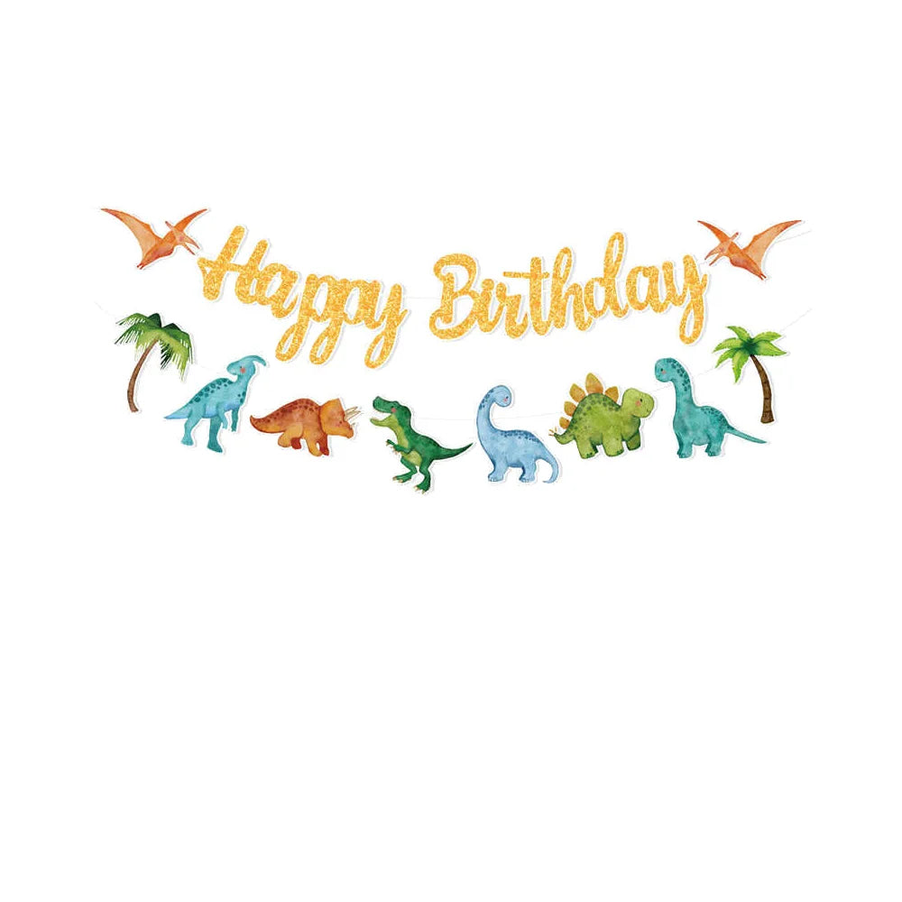 A colorful decoration kit featuring a dinosaur banner and standing balloons for a birthday party.