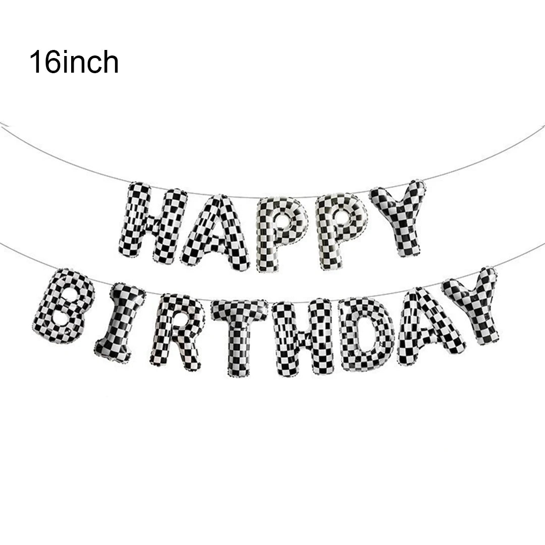 A string of black and white checkered foil letter balloons spelling out HAPPY BIRTHDAY