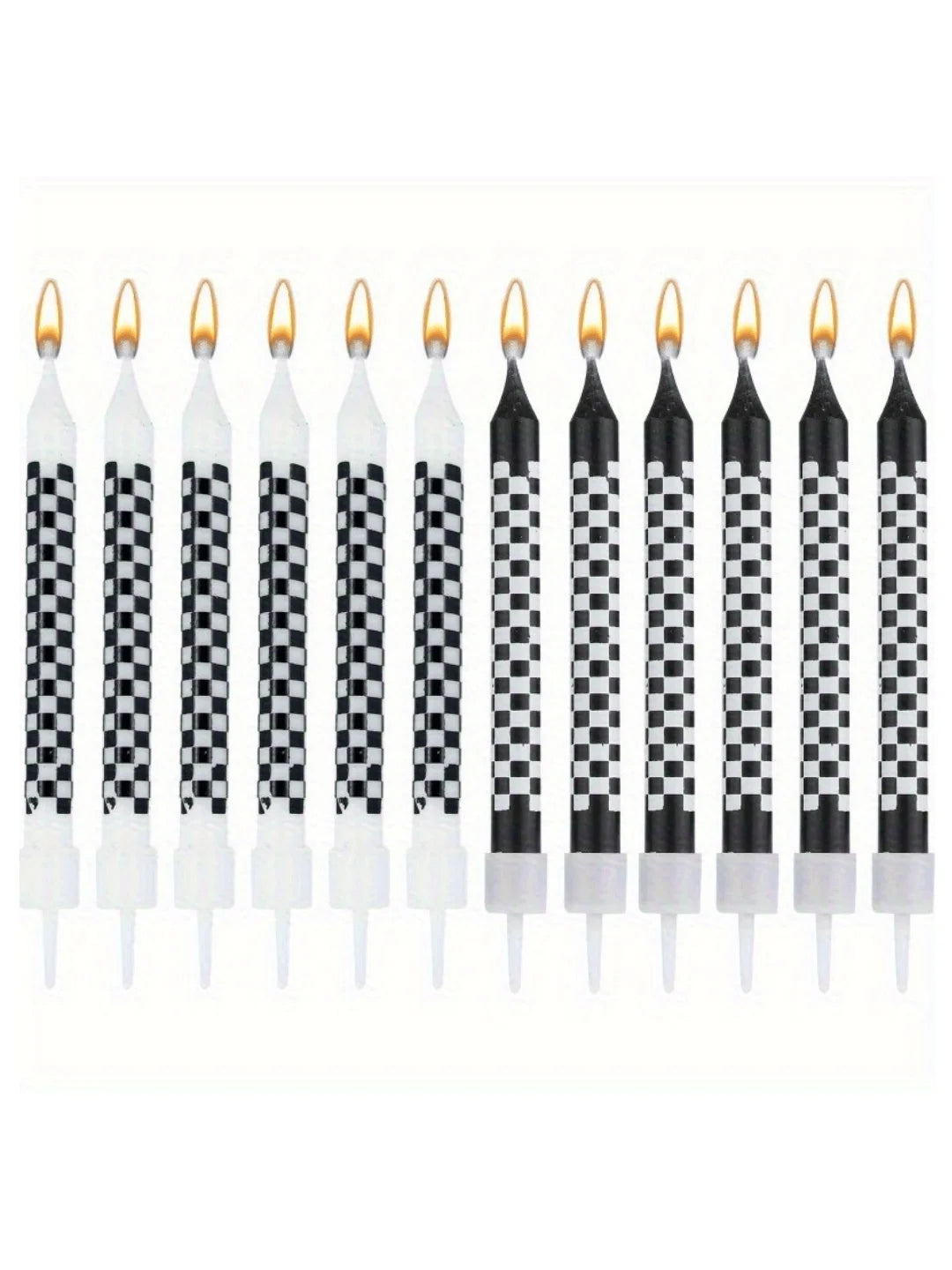 A row of twelve black and white checkered birthday cake candles with gold star toppers.
