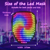 A glowing LED mask suitable for adults and kids, showing its dimensions and features against a city backdrop.
