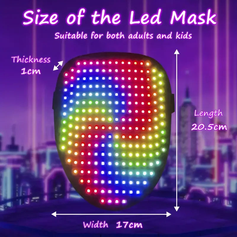 A glowing LED mask suitable for adults and kids, showing its dimensions and features against a city backdrop.