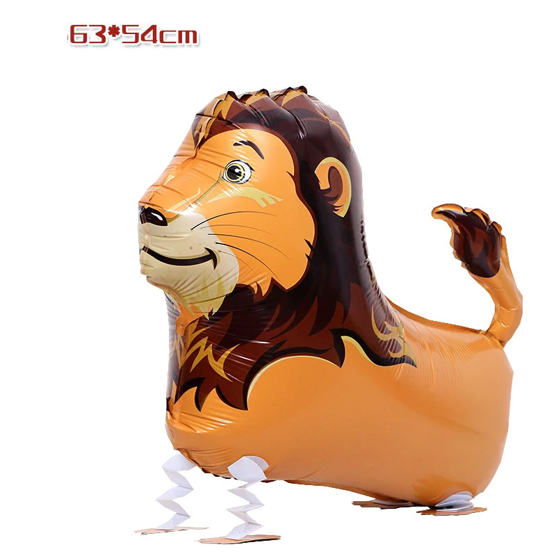 An orange cartoon lion foil balloon used for birthday party decor.