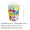 A stack of colorful paper cups featuring various cartoon characters for a party supply set.