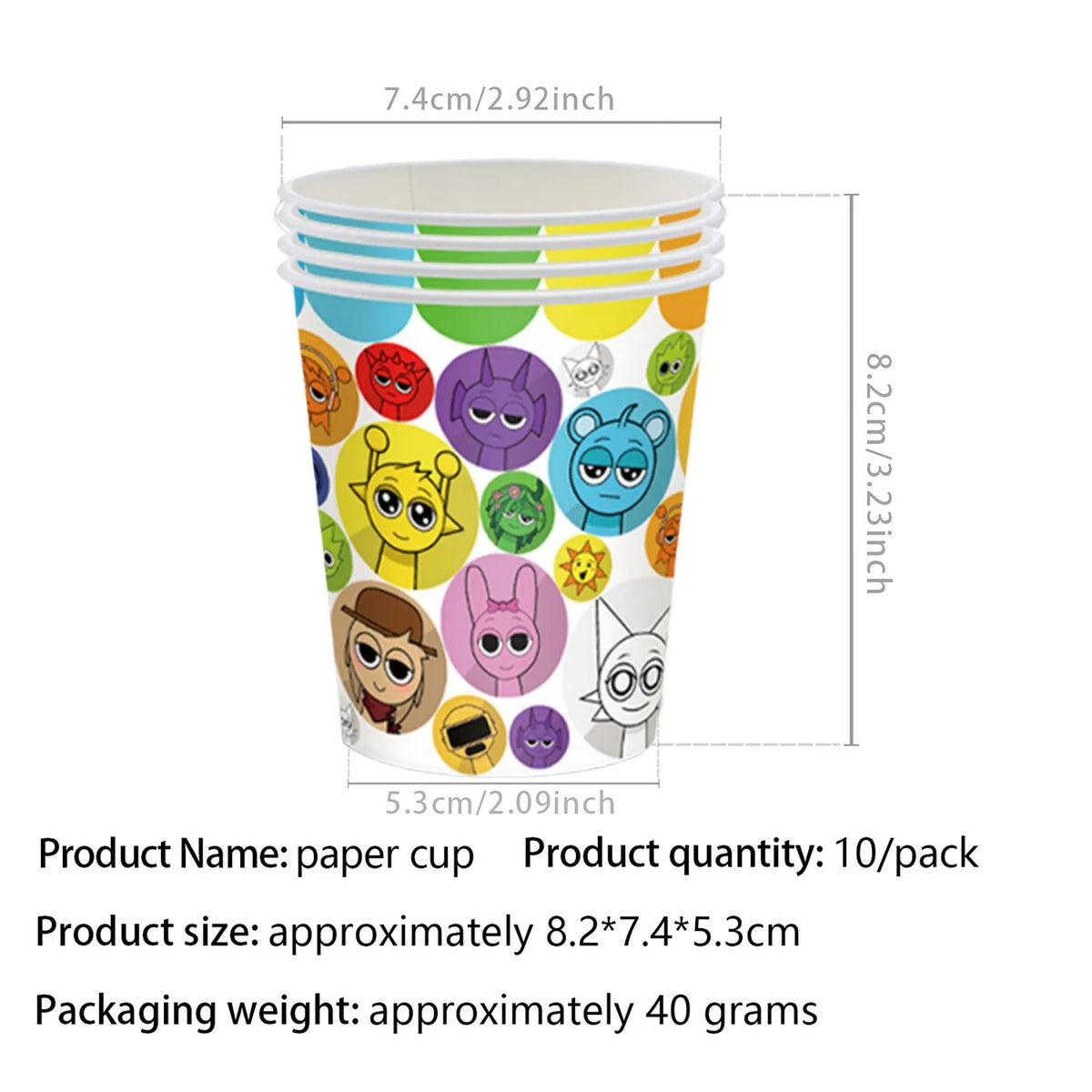 A stack of colorful paper cups featuring various cartoon characters for a party supply set.