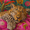 A close-up portrait of a sleeping leopard with floral patterns in shades of pink, green, and yellow.