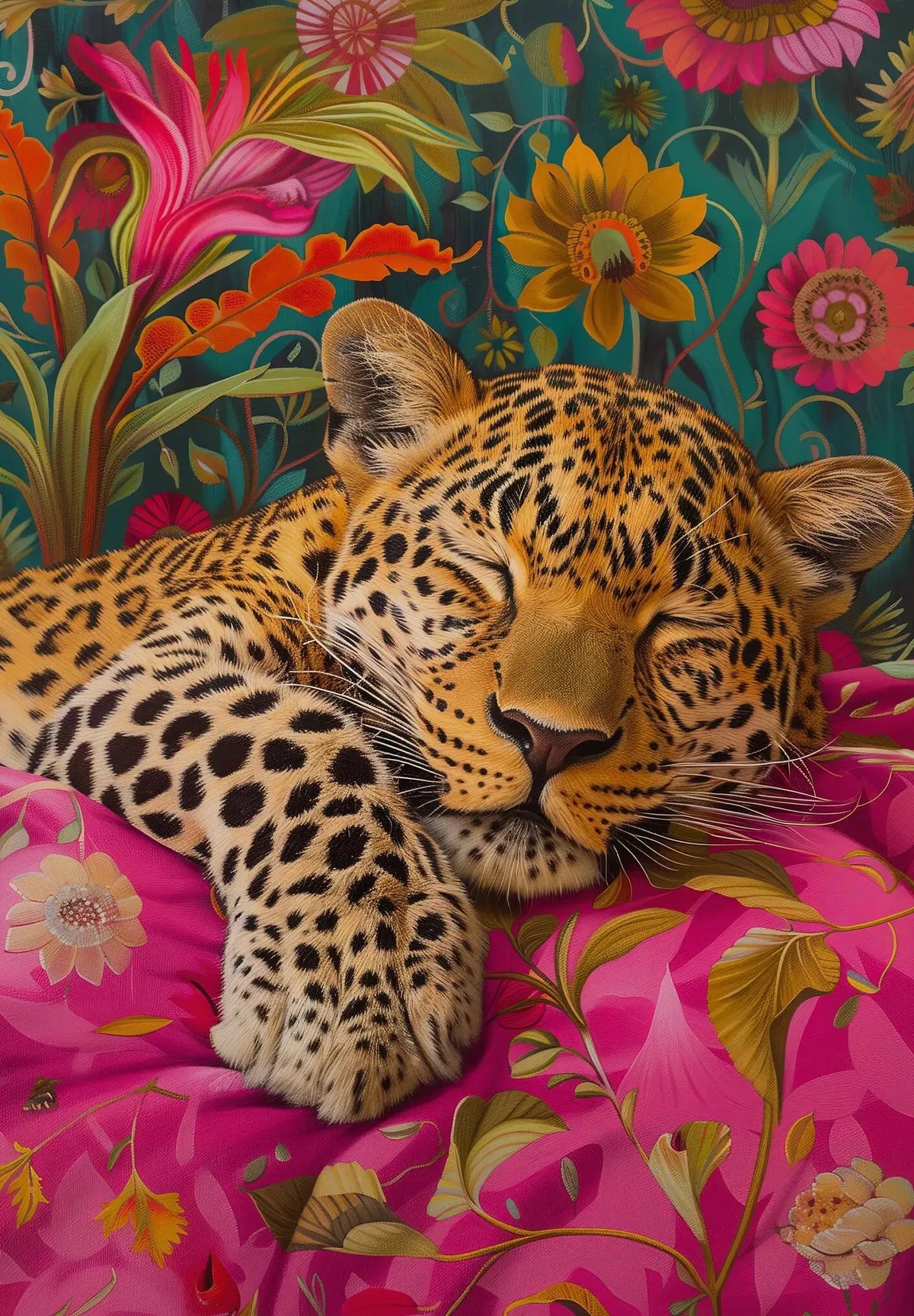 A close-up portrait of a sleeping leopard with floral patterns in shades of pink, green, and yellow.
