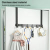 Stainless steel door hooks with a tennis racket, headphones, and a hanger displayed on a white door.