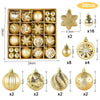 A set of 38 festive Christmas ornaments featuring various gold and glitter snowflake designs in a wooden box.