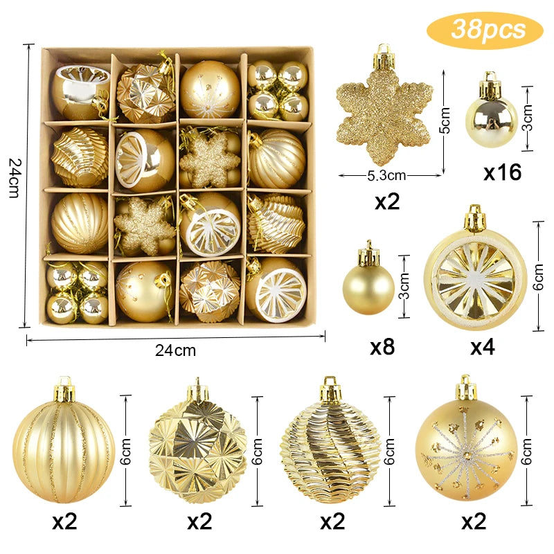 A set of 38 festive Christmas ornaments featuring various gold and glitter snowflake designs in a wooden box.