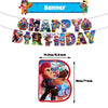 A banner featuring various character designs and a large acrylic cake topper with a superhero character.