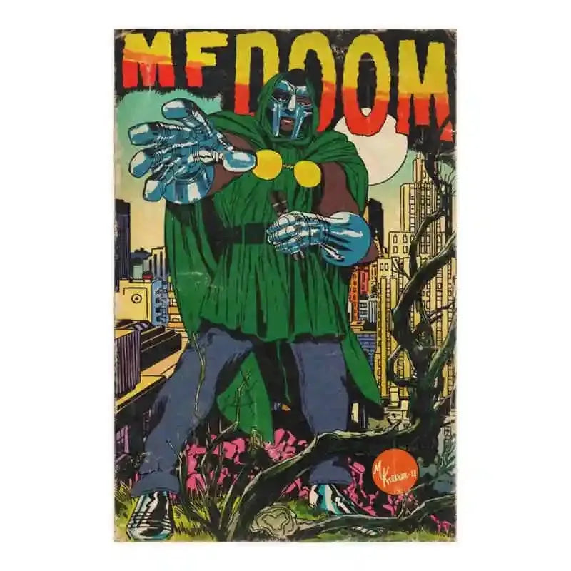 A vibrant canvas art poster featuring a stylized illustration of MF DOOM with green attire and a menacing expression.