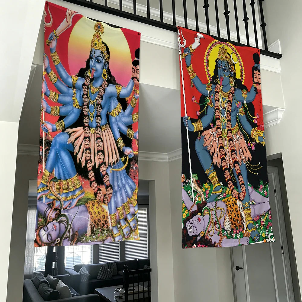 A vertical banner featuring a vibrant depiction of Maa Kali in blue and pink tones for spiritual home decor.