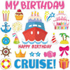 A set of colorful birthday cruise door magnets featuring candles, cakes, stars, and a ship.