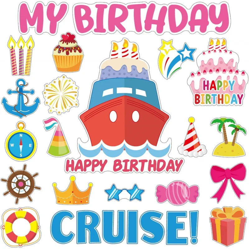 A set of colorful birthday cruise door magnets featuring candles, cakes, stars, and a ship.