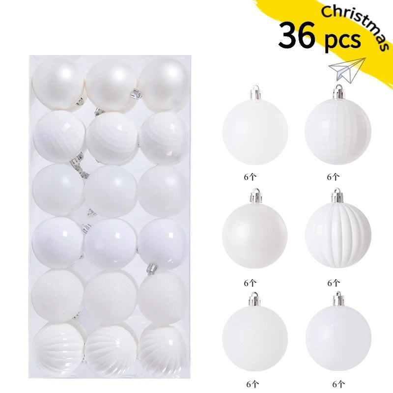 A set of 36 white spherical Christmas baubles for holiday tree and decor.