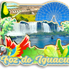A colorful illustration featuring Iguazu Falls, a large waterfall, and a silhouette of a bridge against a blue sky.