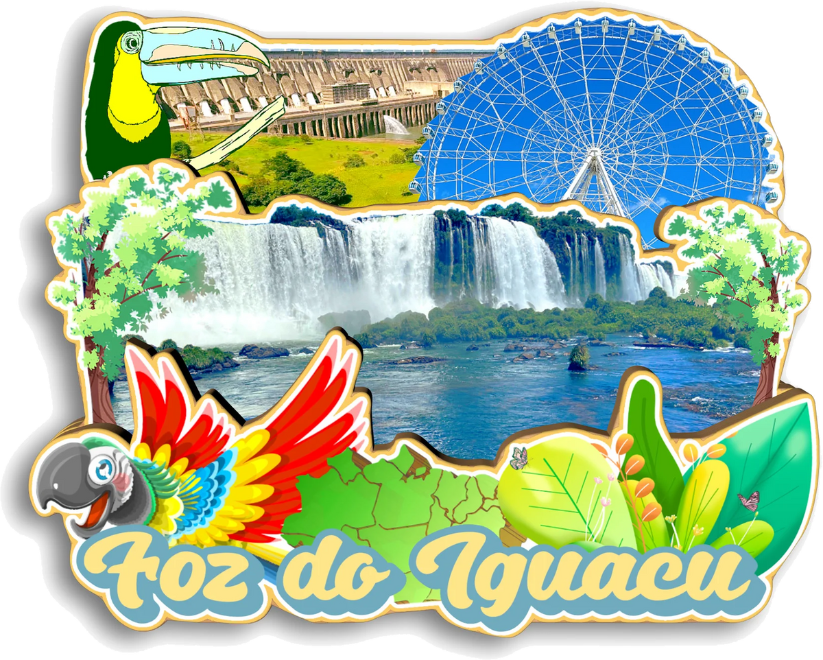 A colorful illustration featuring Iguazu Falls, a large waterfall, and a silhouette of a bridge against a blue sky.
