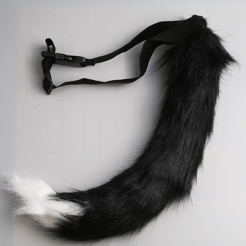 Black furry cat ear headband and tail costume set with white accents