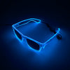 A pair of light up EL wire party glasses glowing bright blue against a dark background.
