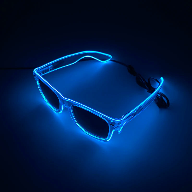 A pair of light up EL wire party glasses glowing bright blue against a dark background.