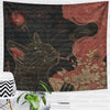 A tapestry featuring a black cat smoking under the moon in shades of red and brown.