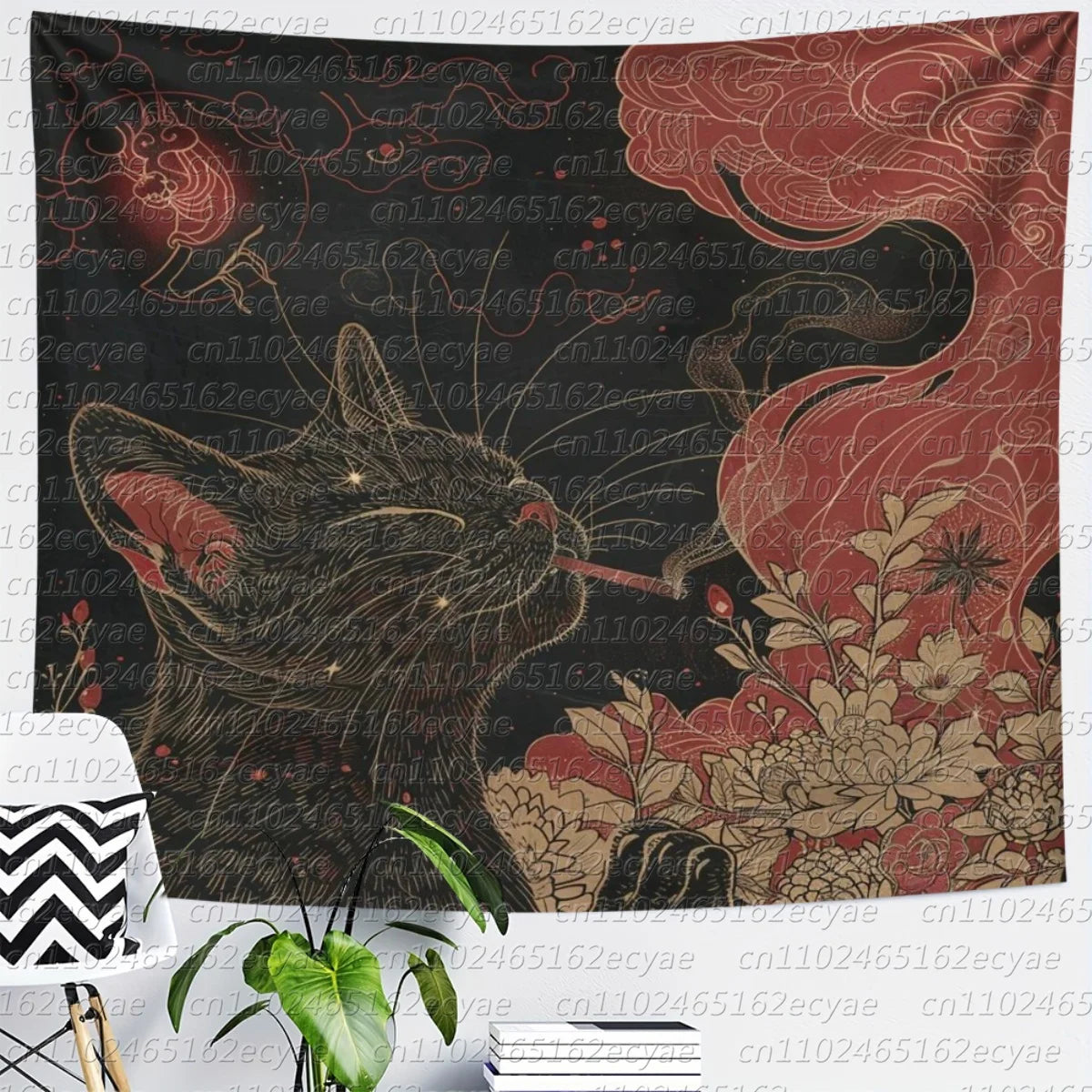 A tapestry featuring a black cat smoking under the moon in shades of red and brown.