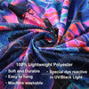 A vibrant, flowing tapestry of purple, pink, and blue iridescent fabric with black accents.