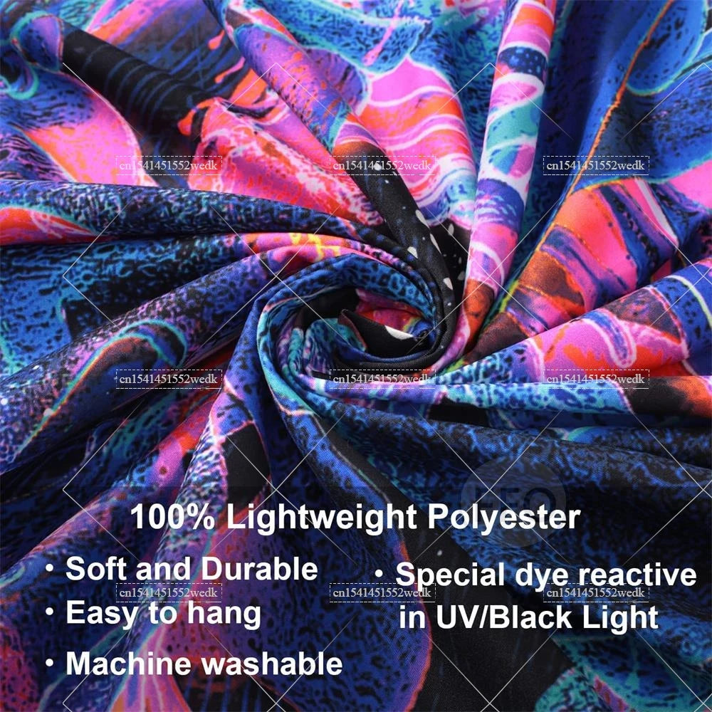 A vibrant, flowing tapestry of purple, pink, and blue iridescent fabric with black accents.