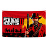A red flag tapestry featuring the title Red Dead Redemption II with a character wearing a hat and holding a rifle.