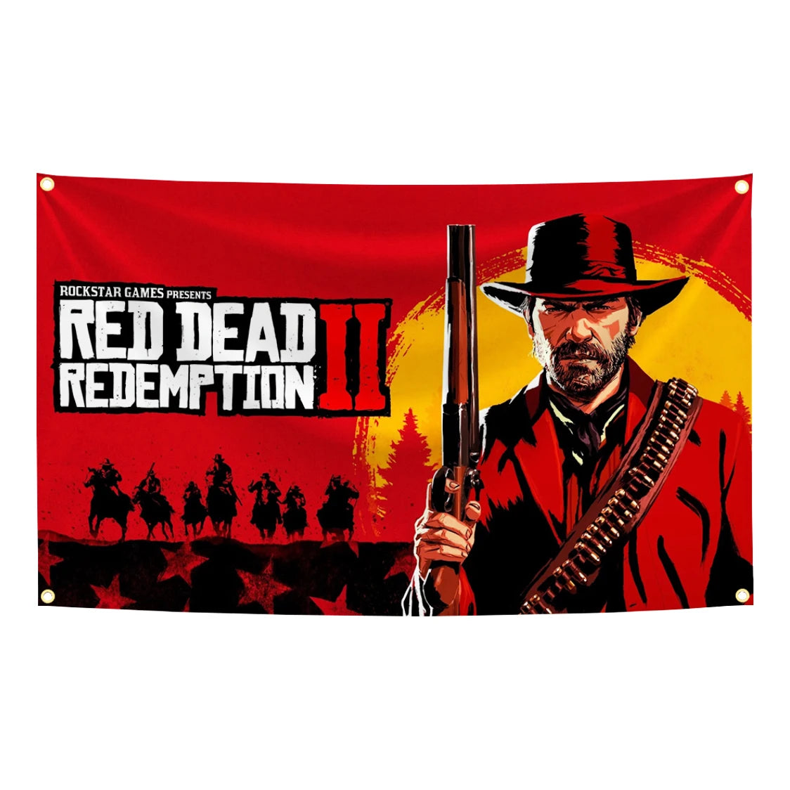 A red flag tapestry featuring the title Red Dead Redemption II with a character wearing a hat and holding a rifle.