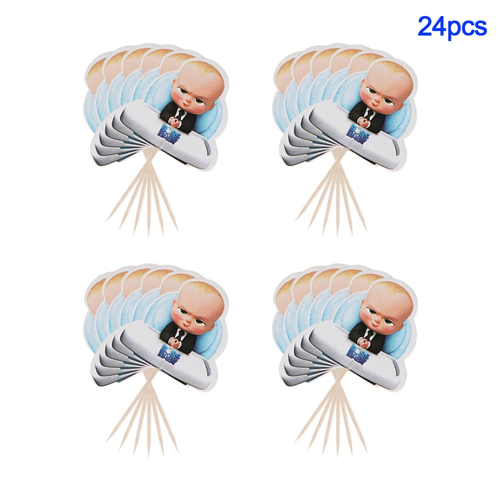 A set of 24 baby boss themed party decorations and disposable tableware featuring a baby figurine and paper fans.