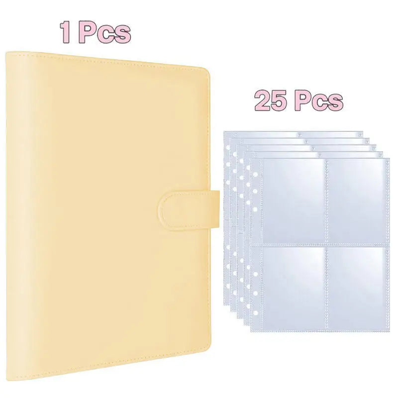 A set of yellow A5 PU leather photocard binders, including one single binder and twenty-five individual photo card sleeves.