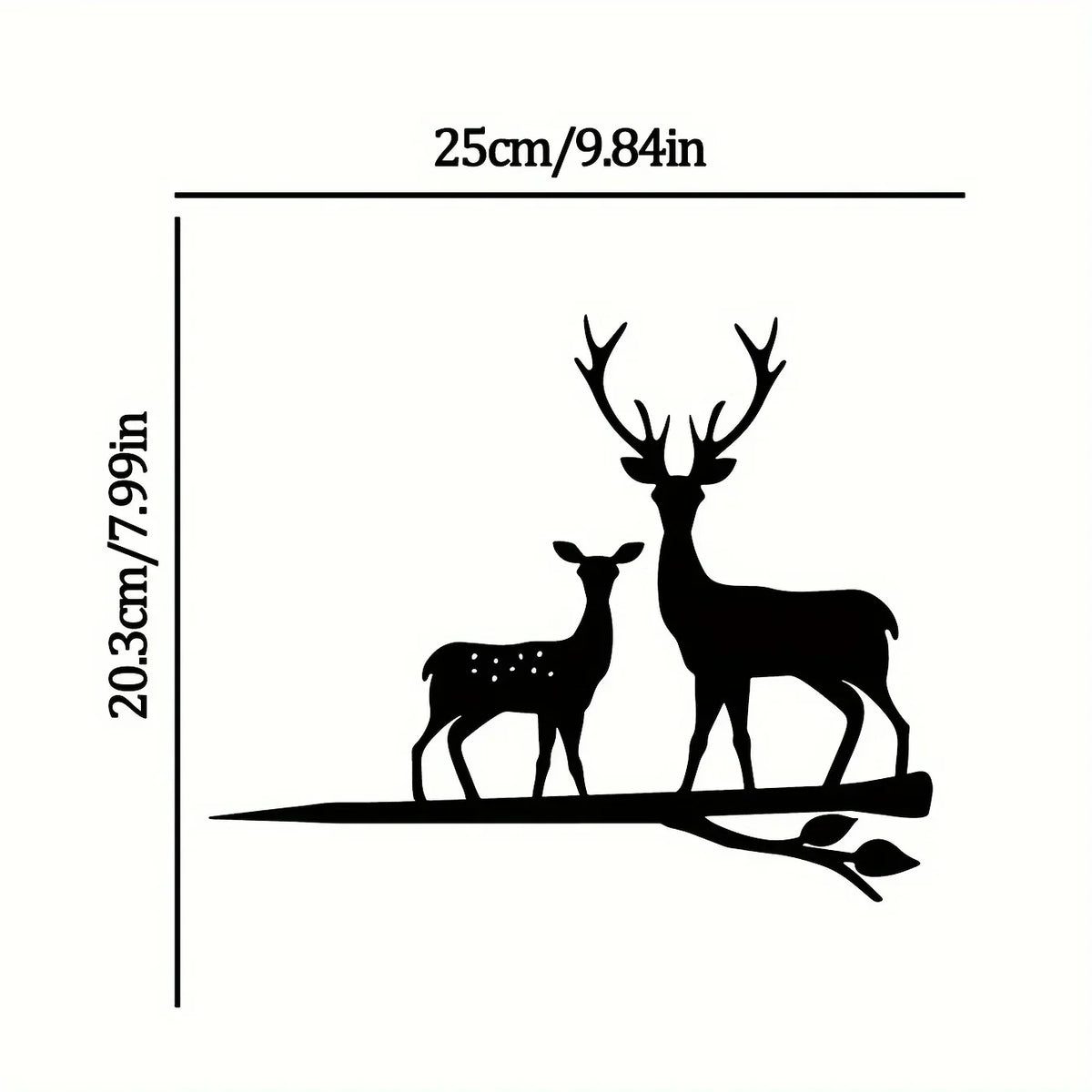Black metal deer head wall sculpture with antlers displayed on a wooden branch.