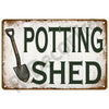 A vintage metal tin sign with the text POTTING SHED and an antique shovel silhouette on a weathered background.