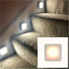 A motion sensor LED night light illuminates a staircase with textured walls and steps.