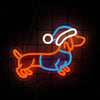 A glowing neon sign shaped like a dachshund dog in orange and blue outlines against a dark background.