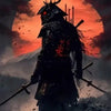 A silhouette of a samurai warrior with horns against a fiery orange sunset backdrop over a mountain landscape.