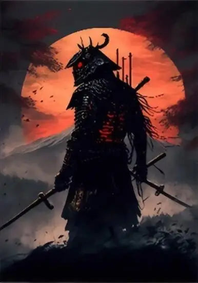 A silhouette of a samurai warrior with horns against a fiery orange sunset backdrop over a mountain landscape.