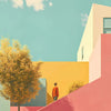 A minimalist architectural scene featuring a yellow building, a pink wall, and a person standing on a sloping roof under a li