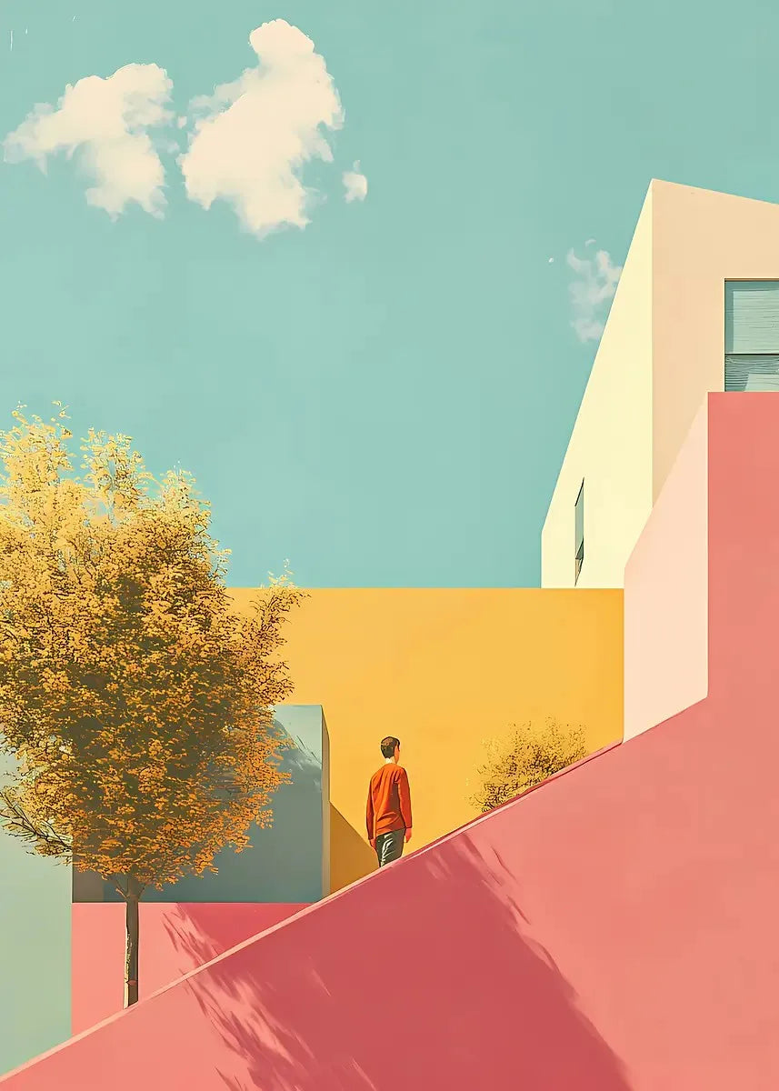 A minimalist architectural scene featuring a yellow building, a pink wall, and a person standing on a sloping roof under a li