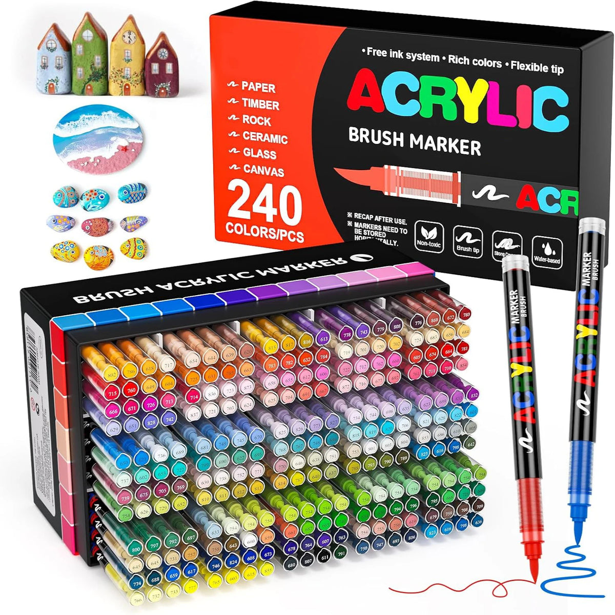 A box of 240 acrylic brush marker pens and a large set of colored markers with brush tips.