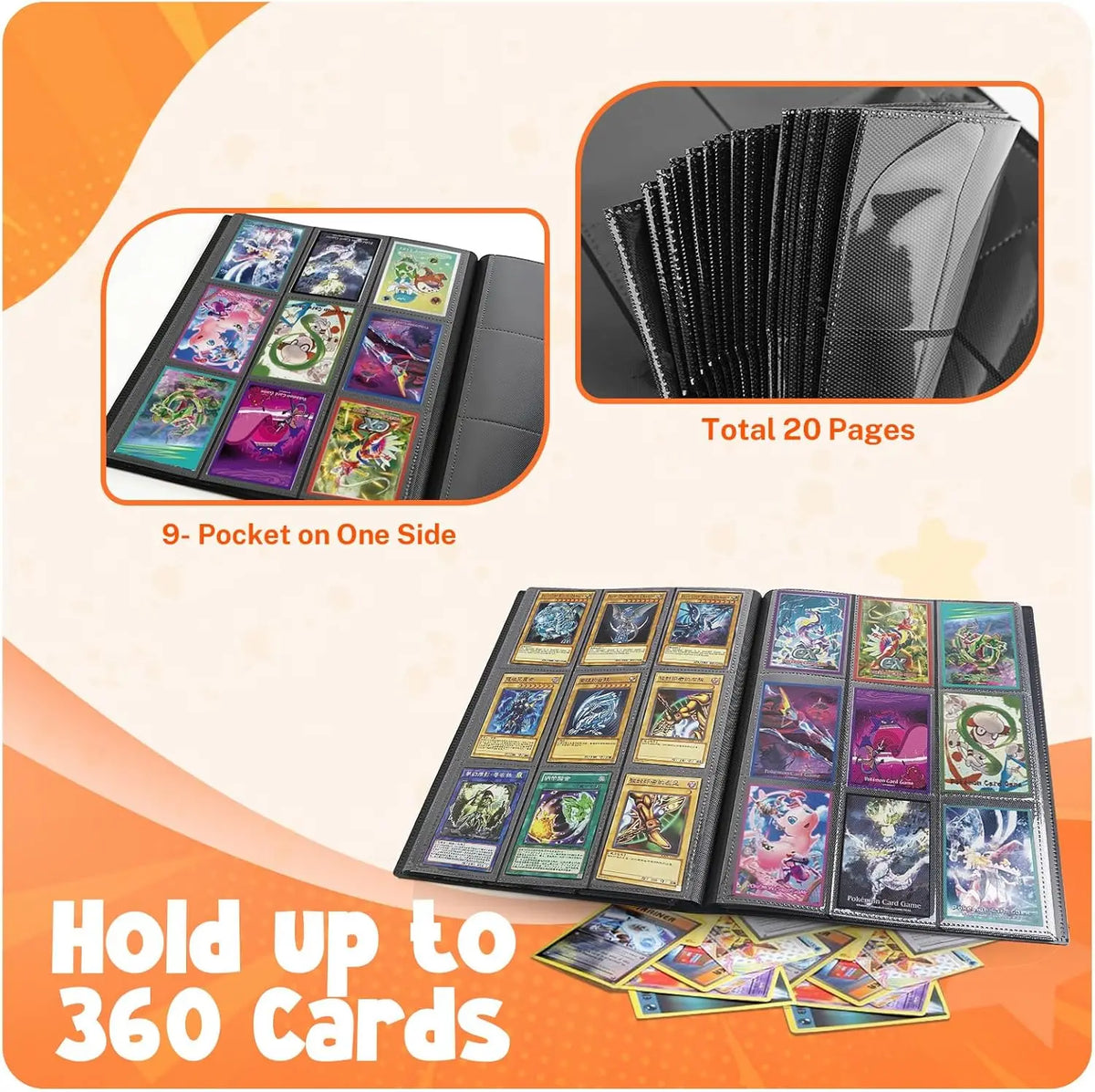 A trading card storage binder showing 20 pages of cards and a capacity to hold up to 360 cards.