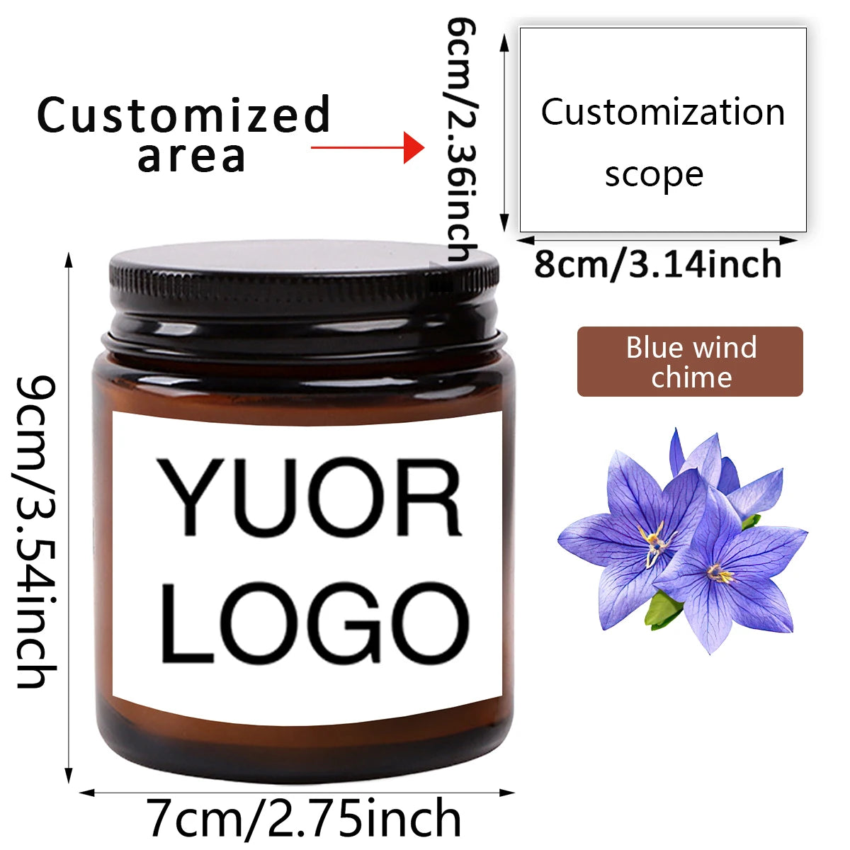 A dark glass jar candle with a white label featuring the text YOUR LOGO and a blue wind chime decoration.