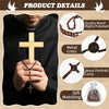Product details showing a black shirt with a wooden cross and various related items like beads, metal cross, Jesus portrait c