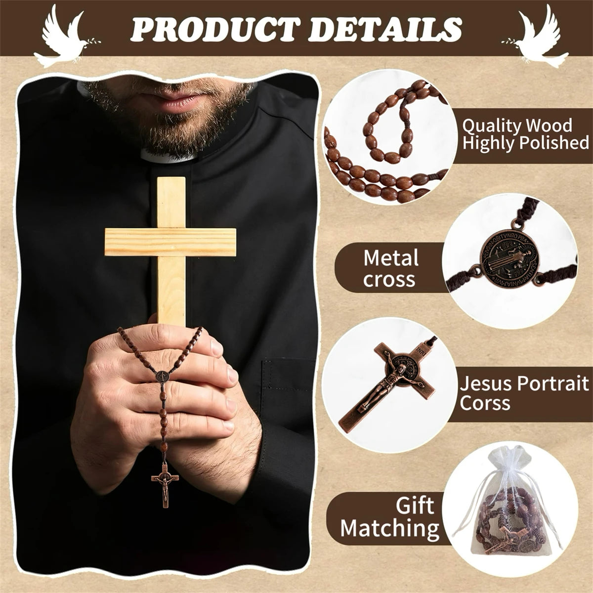 Product details showing a black shirt with a wooden cross and various related items like beads, metal cross, Jesus portrait c